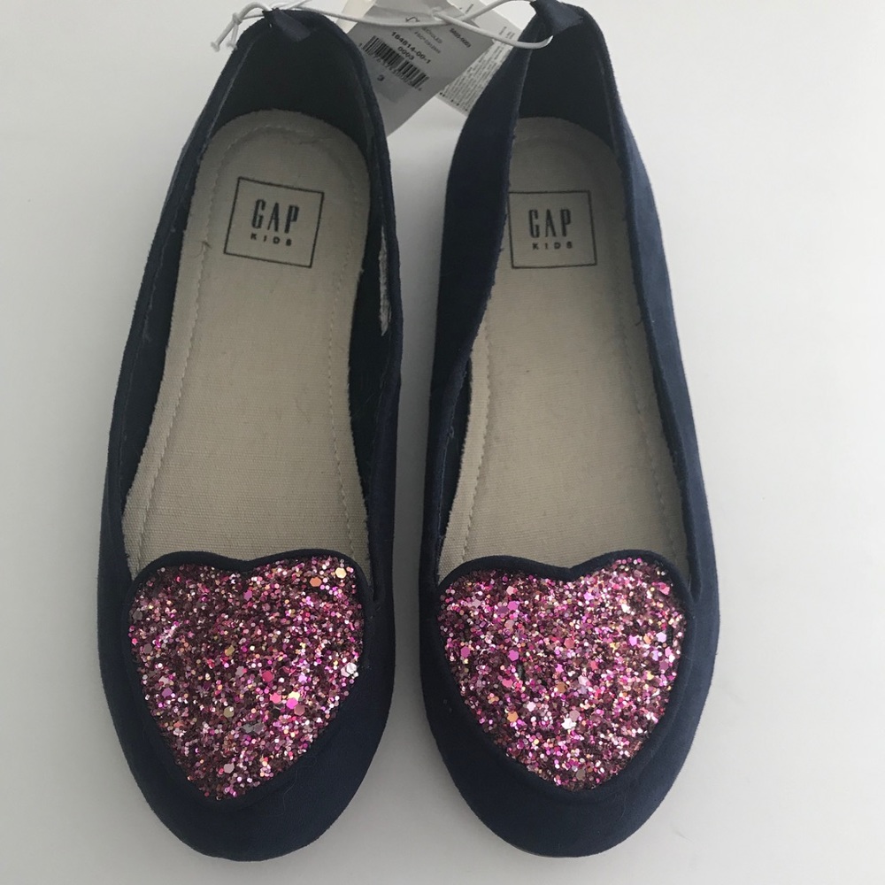 GAP Girls Glitter Heart Flats Navy/Pink Size 3 NWT